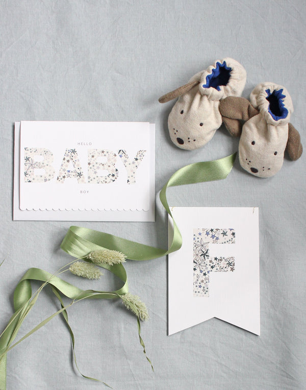 New baby boy gift box including greetings card, dog baby booties and Liberty print nursery decor.