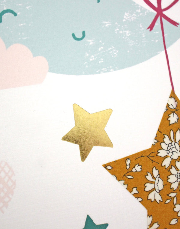 Close up of Liberty details on personalised nursery art by The Charming Press.