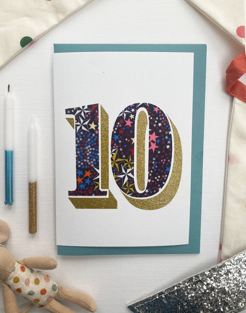 Age 10 Birthday Card - Bio Glitter & Liberty Adelajda's Wish fabric