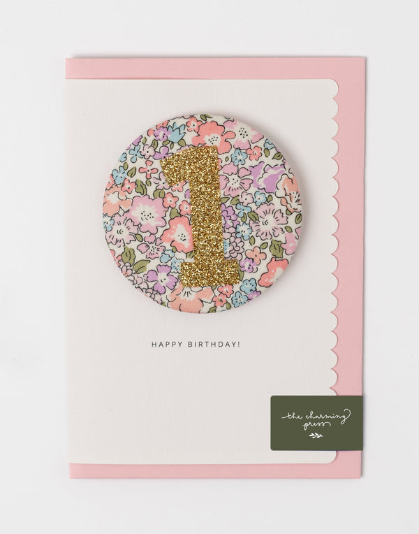 Age 1 Birthday Badge Card - Liberty Michelle Lilac Fabric