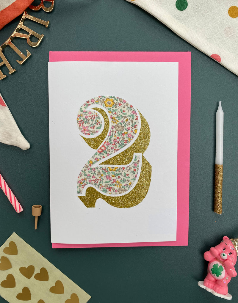 Age 2 Birthday Card - Bio Glitter & Liberty Katie and Millie fabric