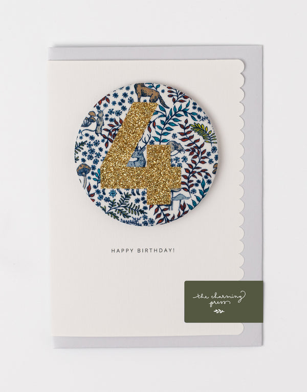 Age 4 Birthday Badge Card - Liberty Feldberg Forest fabric