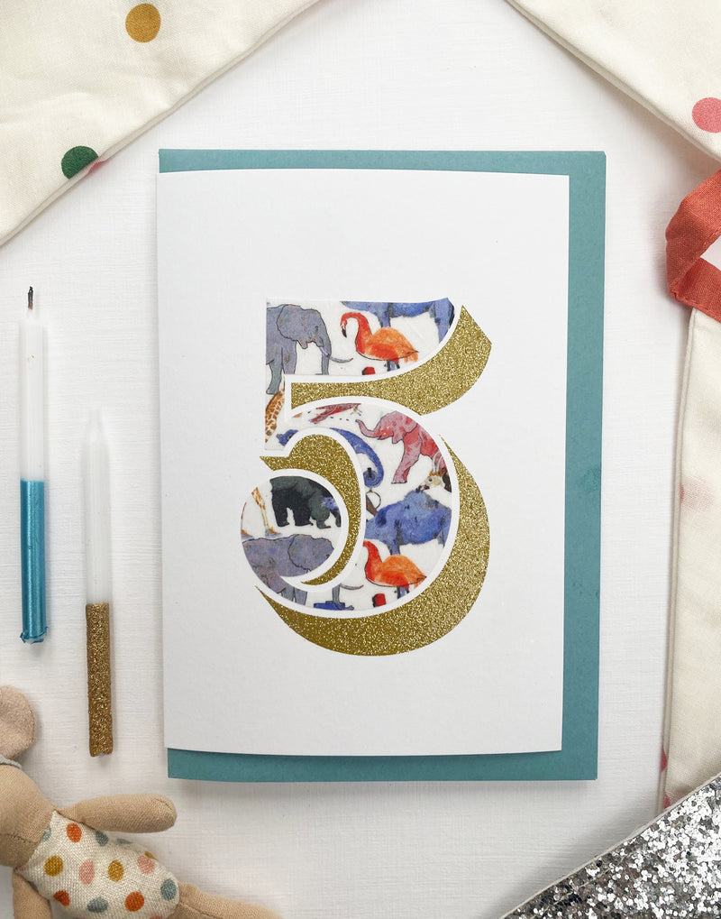 Age 5 Birthday Card - Bio Glitter & Liberty Queue for the Zoo fabric