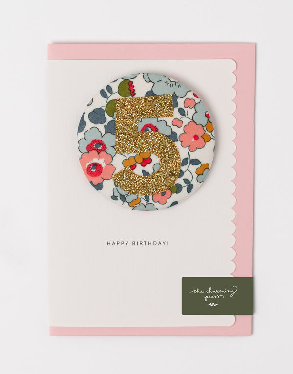 Age 5 Birthday Badge Card - Liberty Betsy Blue Fabric