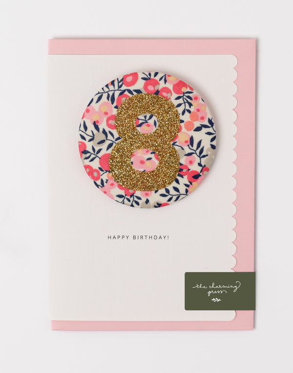 Age 8 Birthday Badge Card - Liberty Wiltshire Pink Fabric