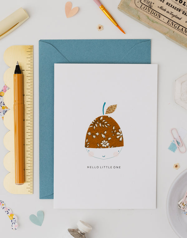 Pack of 6 Acorn New Baby Card - Liberty Capel Mustard Fabric
