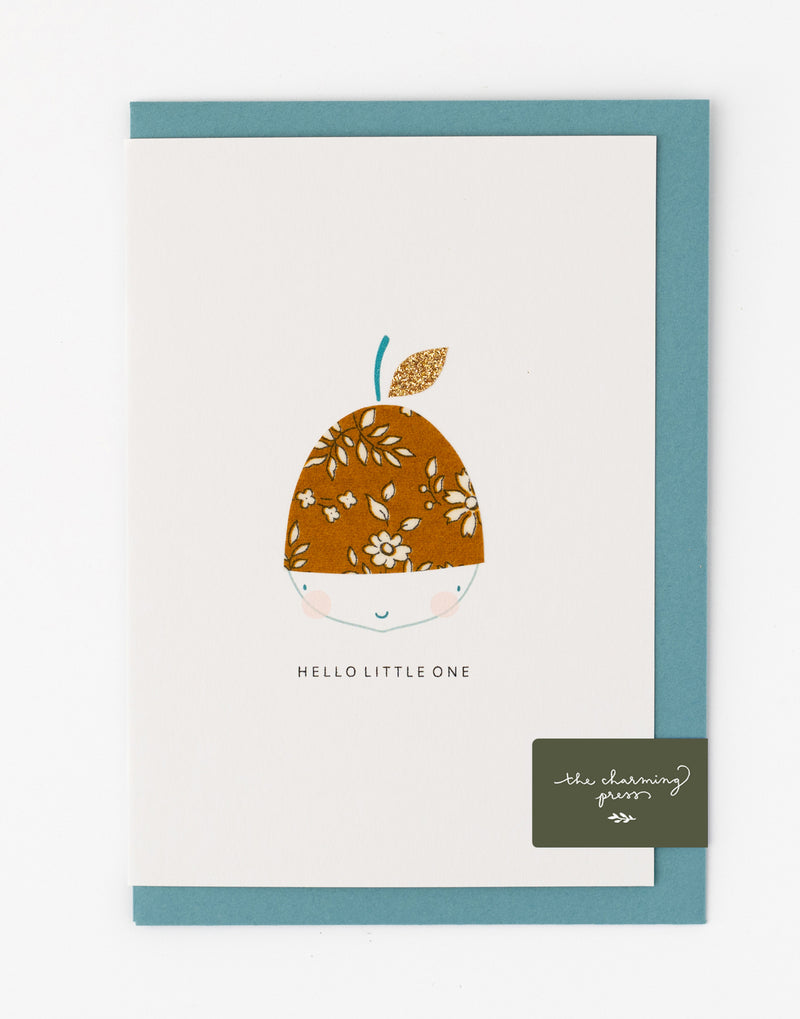 Pack of 6 Acorn New Baby Card - Liberty Capel Mustard Fabric