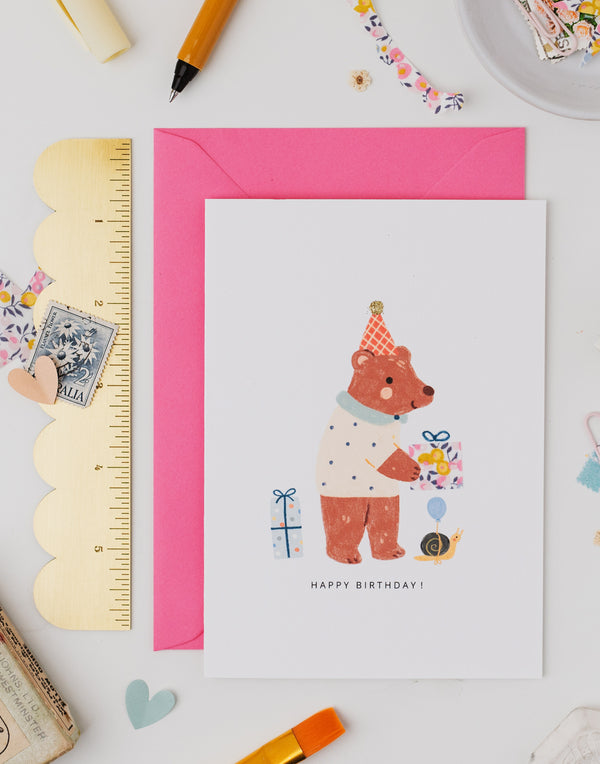 Bear Birthday Card - Liberty Wiltshire Bud Fabric