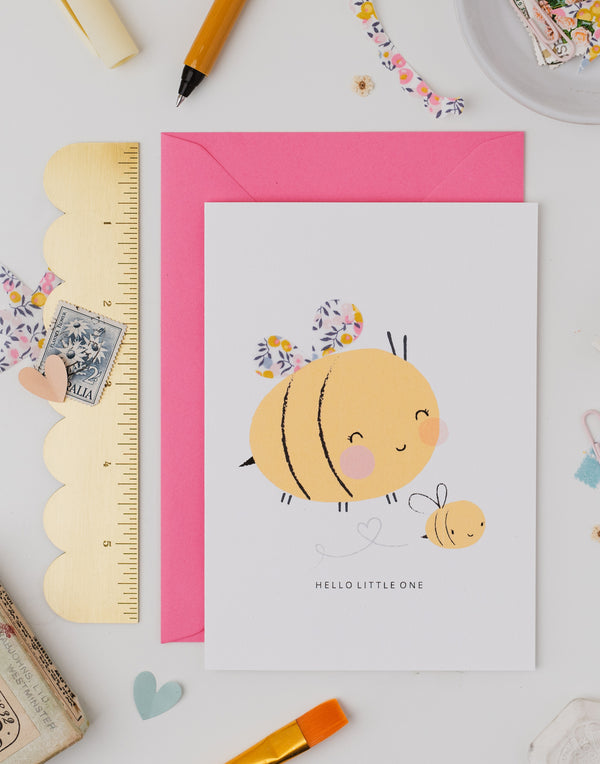 Pack of 6 Bee New Baby Card - Liberty Wiltshire Bud Fabric