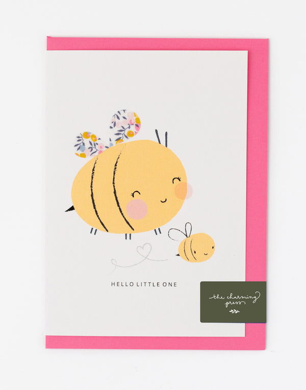 Pack of 6 Bee New Baby Card - Liberty Wiltshire Bud Fabric