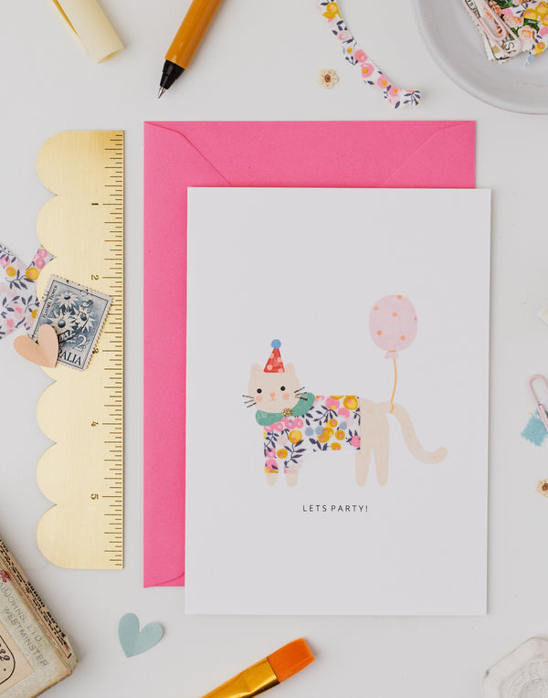 Cat Birthday Card - Liberty Wiltshire Bud Fabric