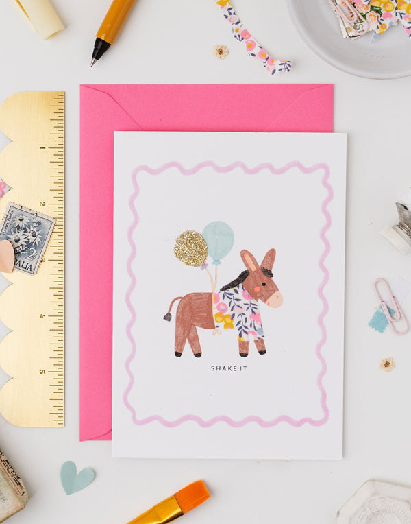 Donkey Birthday Card - Liberty Wiltshire Bud Fabric