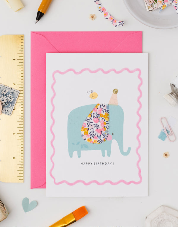 Elephant Birthday Card - Liberty Wiltshire Bud Fabric