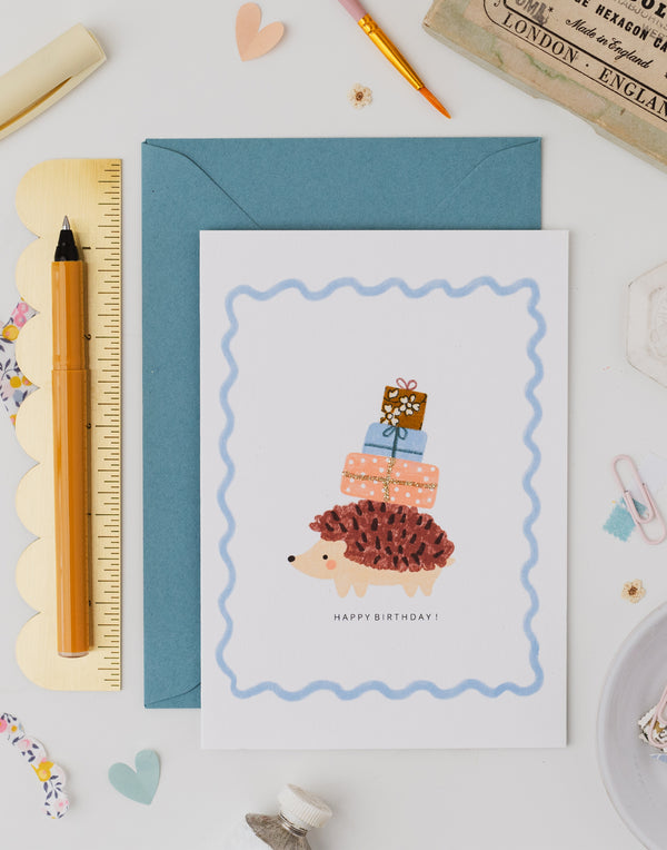 Hedgehog Birthday Card - Liberty Capel Mustard Fabrc