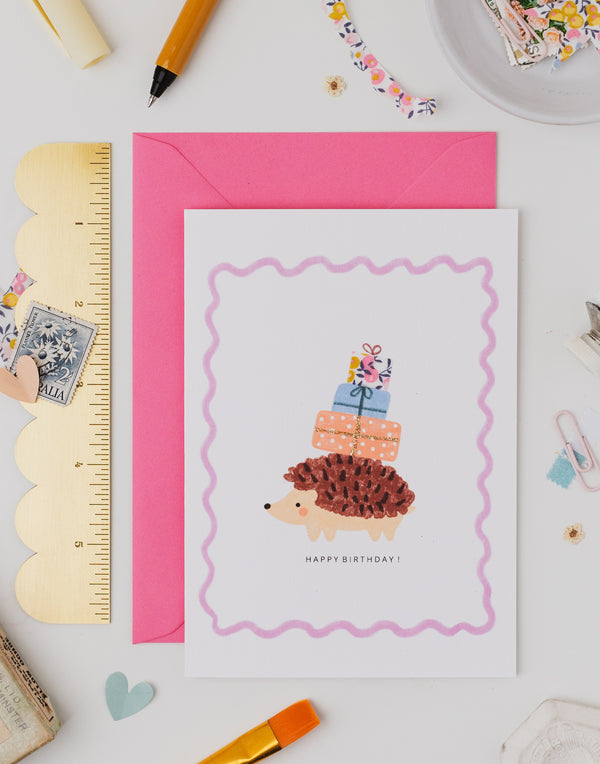 Hedgehog Birthday Card - Liberty Wiltshire Bud Fabric