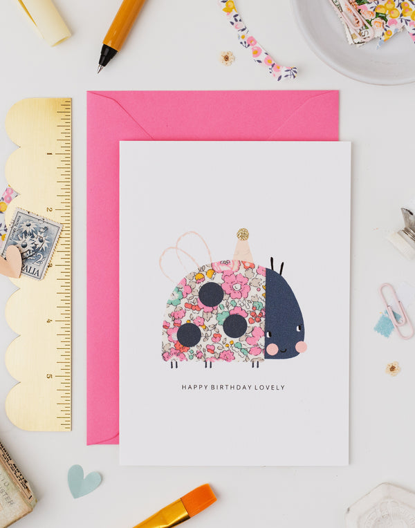 Ladybird Birthday Card - Liberty Betsy Ann Pale Pink Fabric