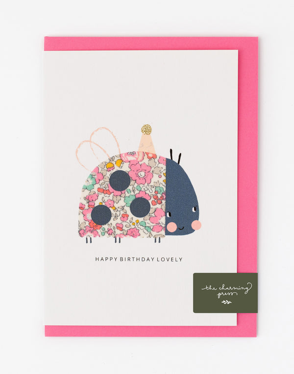 Ladybird Birthday Card - Liberty Betsy Ann Pale Pink Fabric