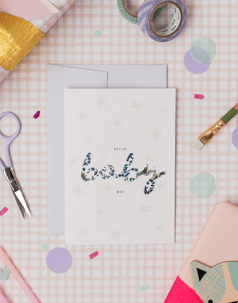 New Baby Boy Card - Liberty Feldberg Forest Fabric