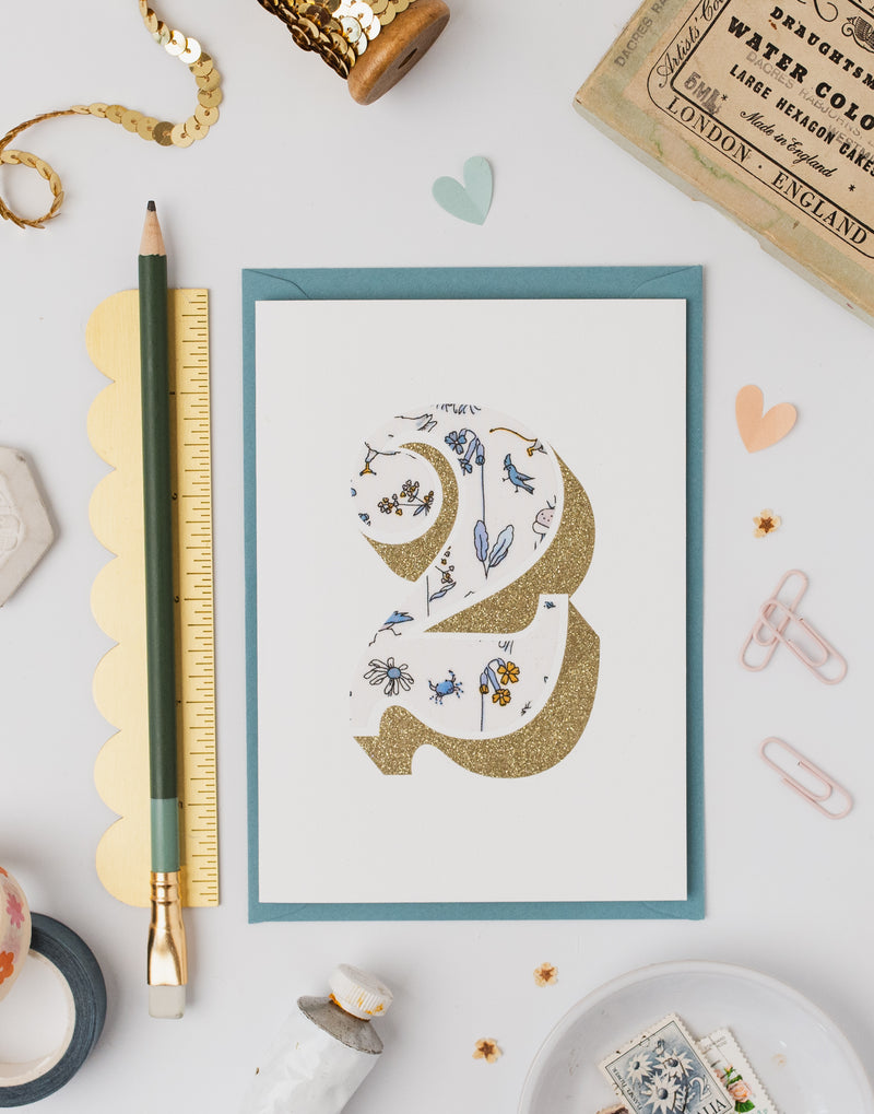 Pack of Age 2 Birthday Cards - Bio Glitter & Liberty Theo fabric