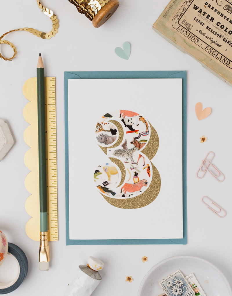 Age 3 Birthday Card - Bio Glitter & Liberty Queue for the Zoo fabric