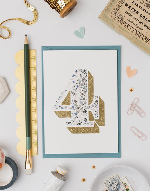 Age 4 Birthday Card - Bio Glitter & Liberty Adelajda's Wish fabric