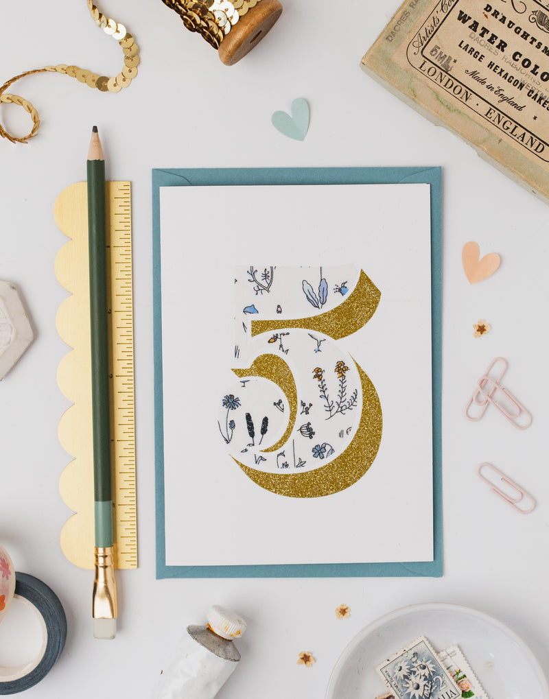 Pack of Age 5 Birthday Cards - Bio Glitter & Liberty Theo fabric