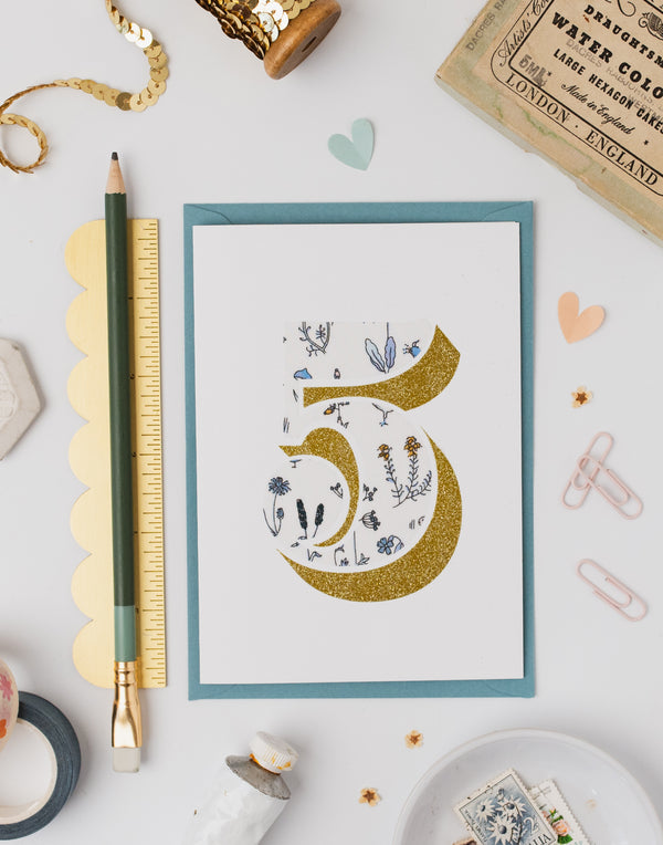 Age 5 Birthday Card - Bio Glitter & Liberty Theo fabric