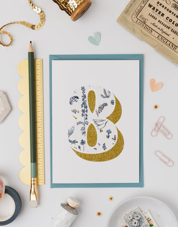 Pack of Age 8 Birthday Cards - Bio Glitter & Liberty Theo fabric