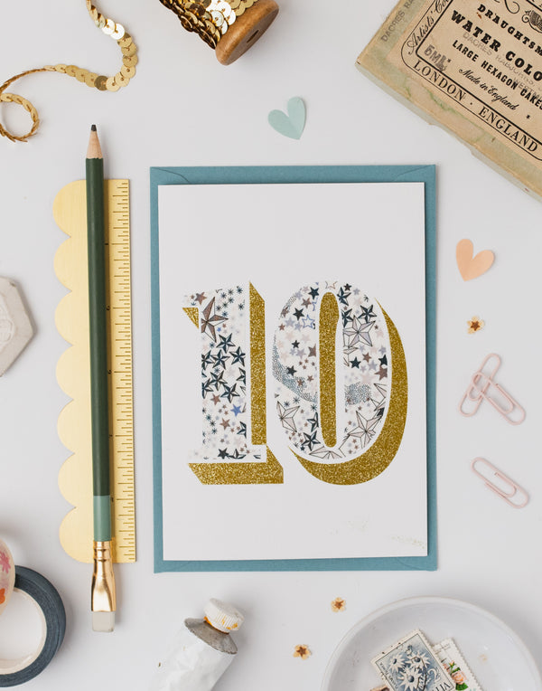 Pack of Age 10 Birthday Cards - Bio Glitter & Liberty Adelajda's Wish fabric