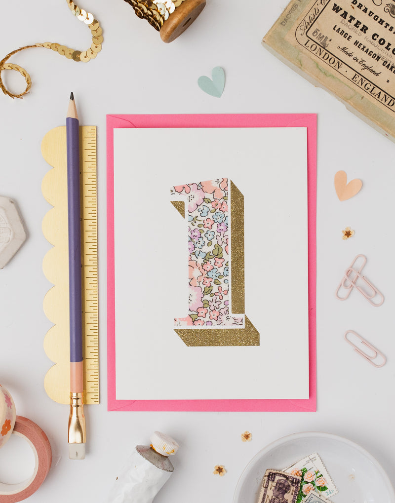 Age 1 Birthday Card - Bio Glitter & Liberty Michelle Lilac Fabric