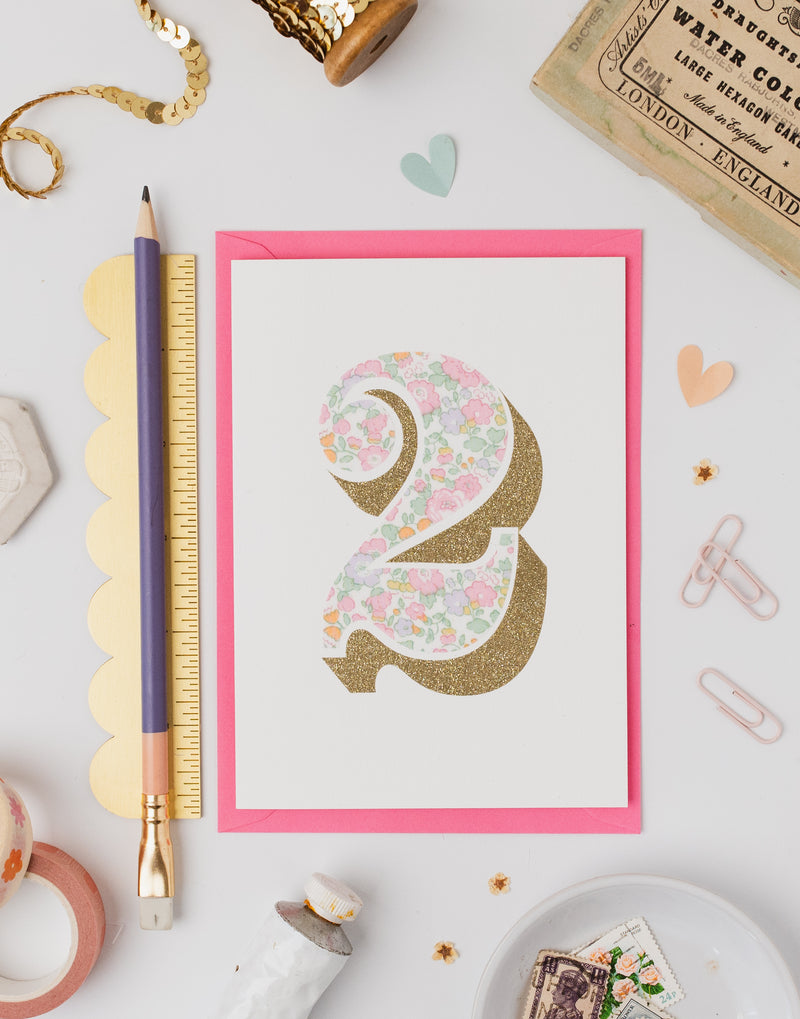 Age 2 Birthday Card - Bio Glitter & Liberty Betsy Ann Whisper Pink fabric