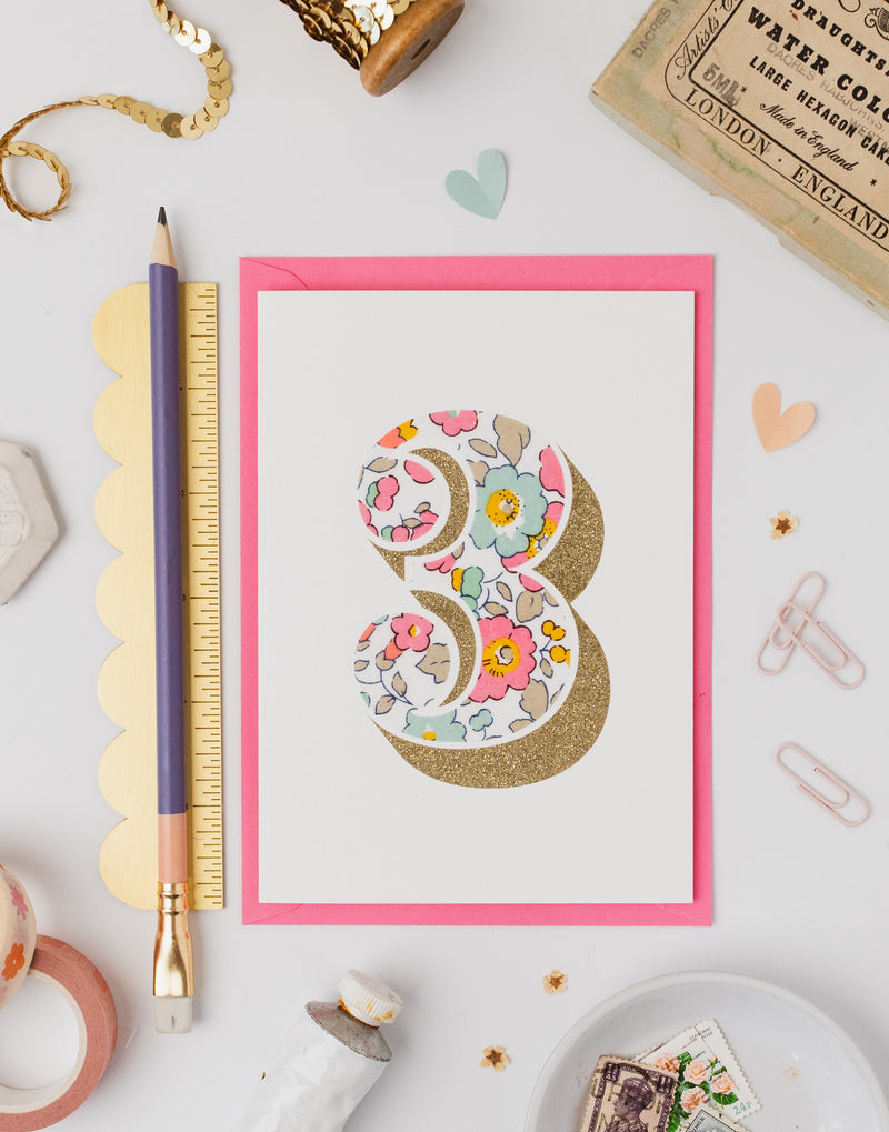Age 3 Birthday Card - Bio Glitter & Liberty Betsy Pink fabric