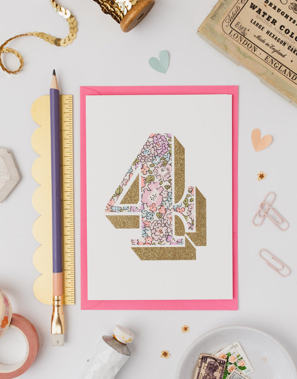 Pack of Age 4 Birthday Cards - Bio Glitter & Liberty Michelle Fabric