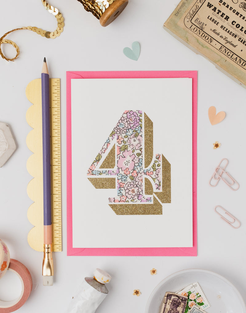 Pack of Age 4 Birthday Cards - Bio Glitter & Liberty Michelle Fabric