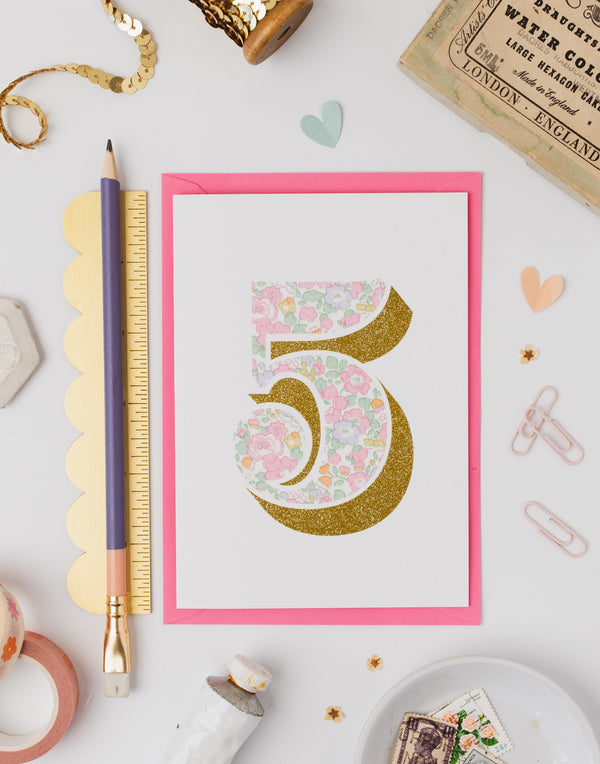 Age 5 Birthday Card - Bio Glitter & Liberty Betsy Ann Whisper Pink fabric