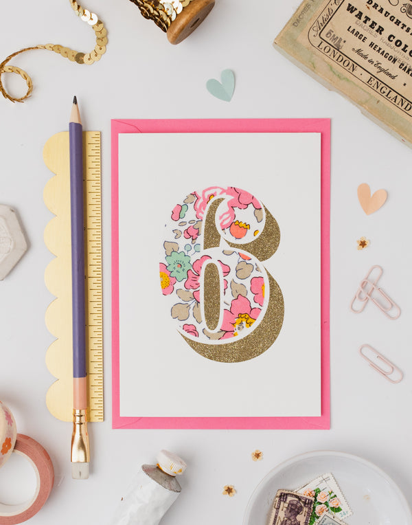 Age 6 Birthday Card - Bio Glitter & Liberty Betsy Pink fabric