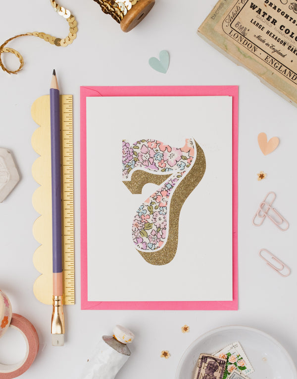 Age 7 Birthday Card - Bio Glitter & Liberty Michelle fabric