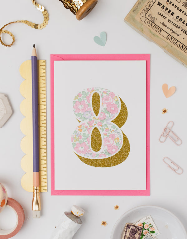 Age 8 Birthday Card - Bio Glitter & Liberty Betsy Ann Whisper Pink fabric