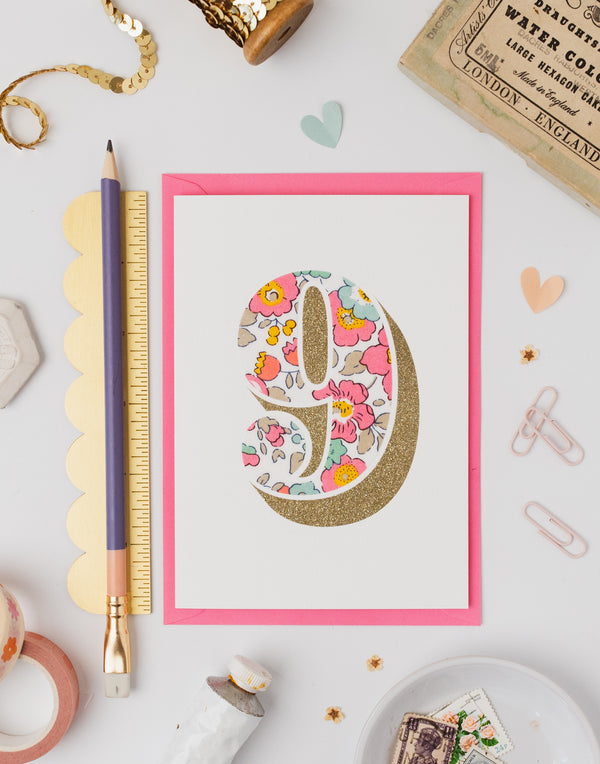 Age 9 Birthday Card - Bio Glitter & Liberty Betsy Pink fabric