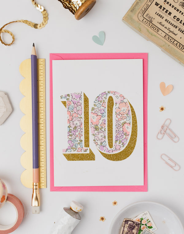 Age 10 Birthday Card - Bio Glitter & Liberty Michelle Lilac fabric