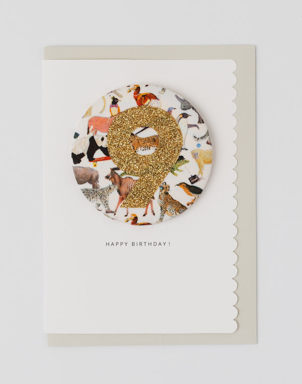 Age 9 Birthday Badge Card - Liberty Queue for the Zoo fabric