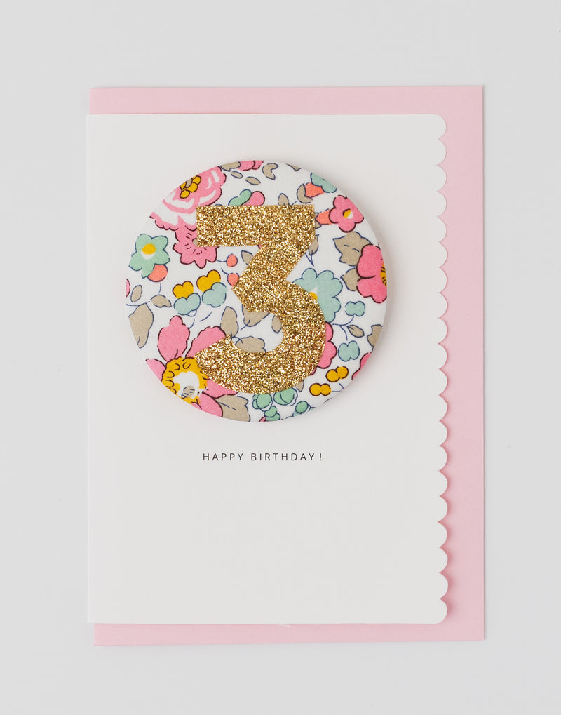 Age 3 Birthday Badge Card - Liberty Betsy Pink fabric