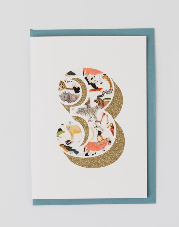 Pack of Age 3 Birthday Cards - Bio Glitter & Liberty Queue for the Zoo fabric