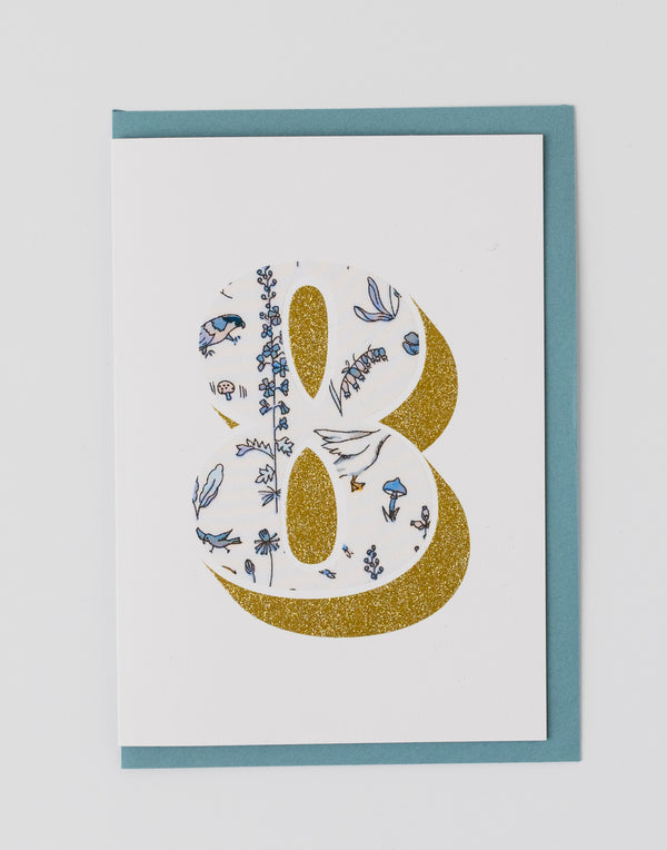 Age 8 Birthday Card - Bio Glitter & Liberty Theo fabric