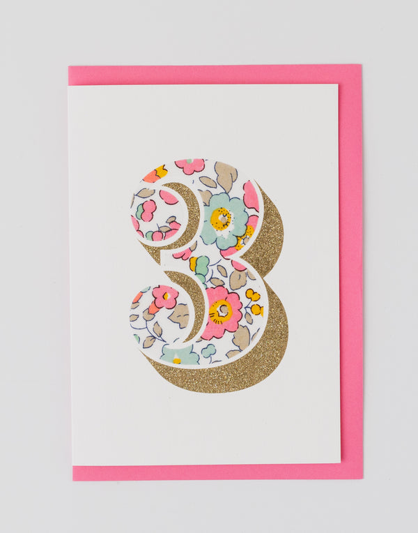 Age 3 Birthday Card - Bio Glitter & Liberty Betsy Pink fabric