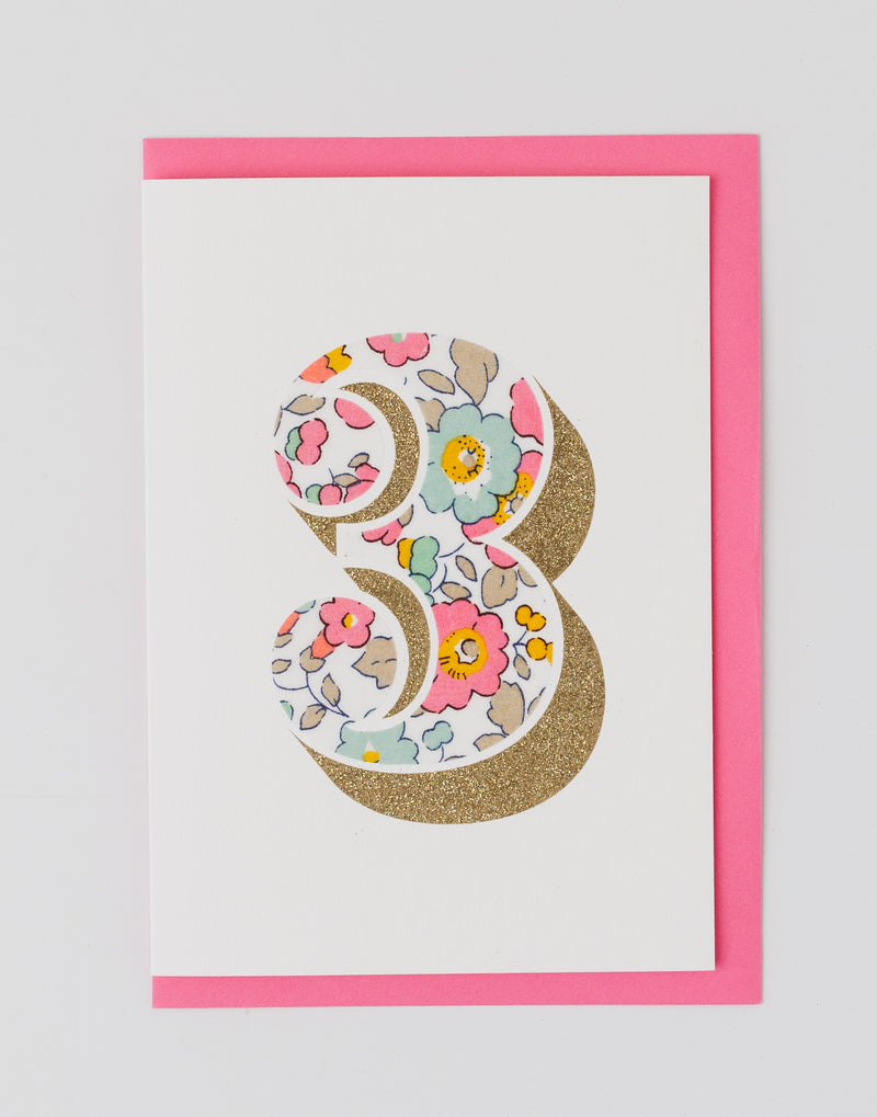 Age 3 Birthday Card - Bio Glitter & Liberty Betsy Pink fabric