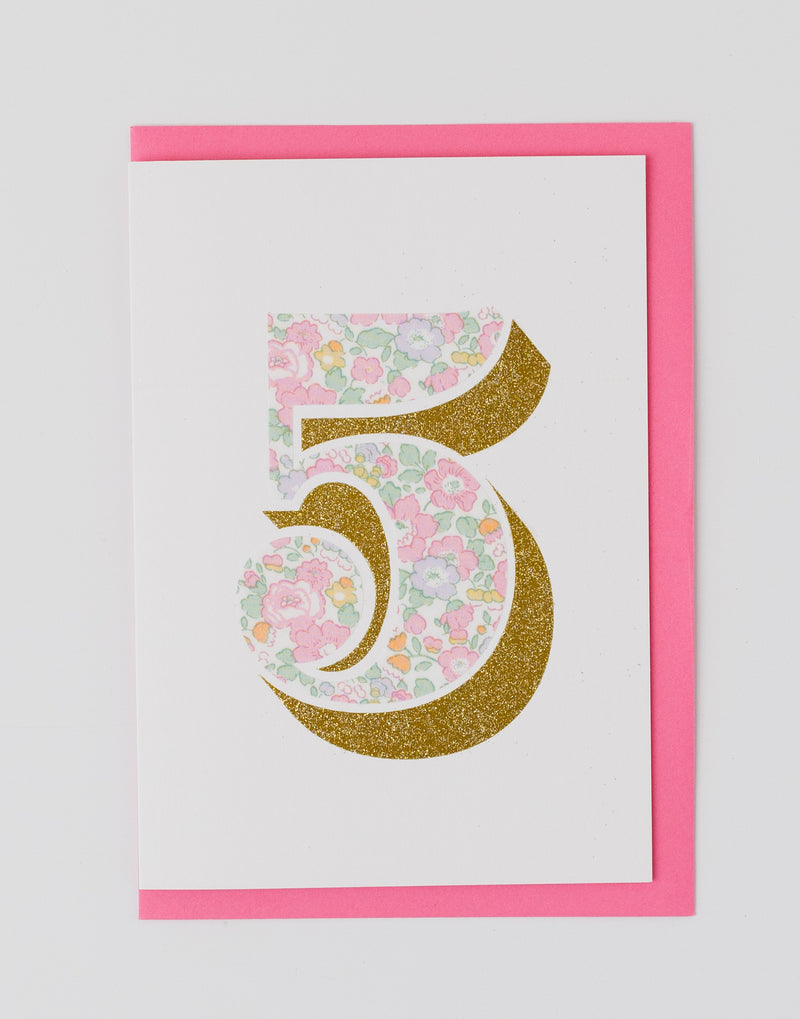 Age 5 Birthday Card - Bio Glitter & Liberty Betsy Ann Whisper Pink fabric
