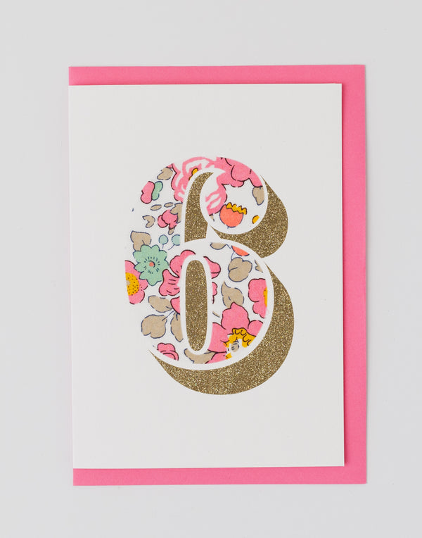 Pack of Age 6 Birthday Cards - Bio Glitter & Liberty Betsy Pink fabric