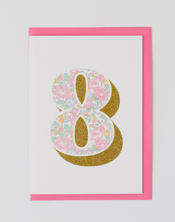 Age 8 Birthday Card - Bio Glitter & Liberty Betsy Ann Whisper Pink fabric