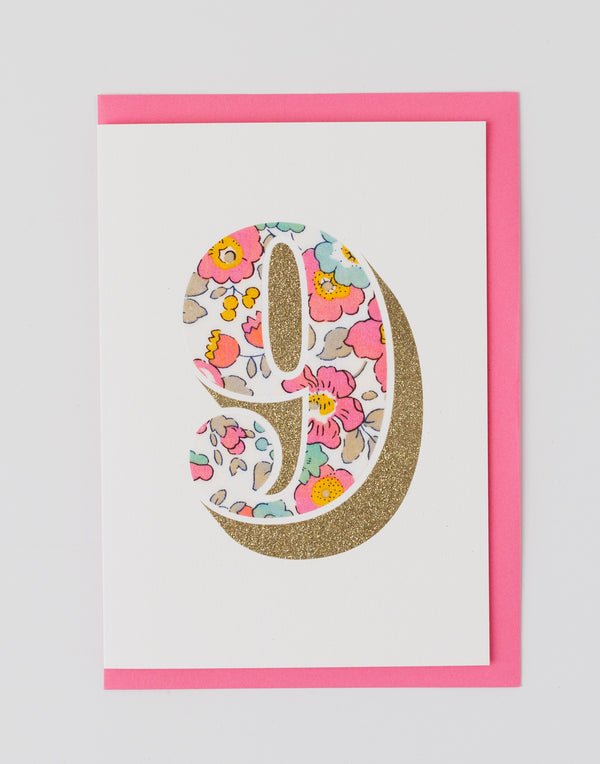 Age 9 Birthday Card - Bio Glitter & Liberty Betsy Pink fabric
